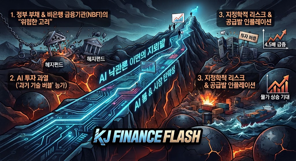AI 낙관론 이면의 지뢰밭에 따른 BIS의 3대 금융 리스크 경고를 보여주는 인포그래픽
