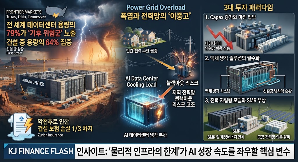AI 붐의 숨은 암초인 악천후가 바꾸는 AI인프라 투자 지형도를 보여주는 인포그래픽