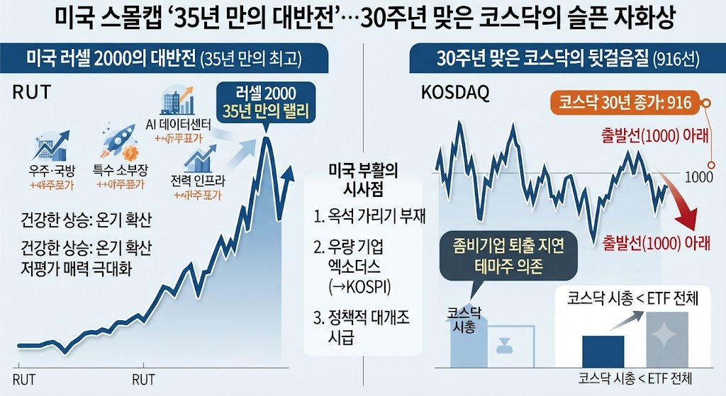 미국 Small cap이 35년만의 대반전을 이룬 반면 30주년을 맞은 코스닥이 뒷걸음치고 있음을 보여주는 인포그래픽 차트