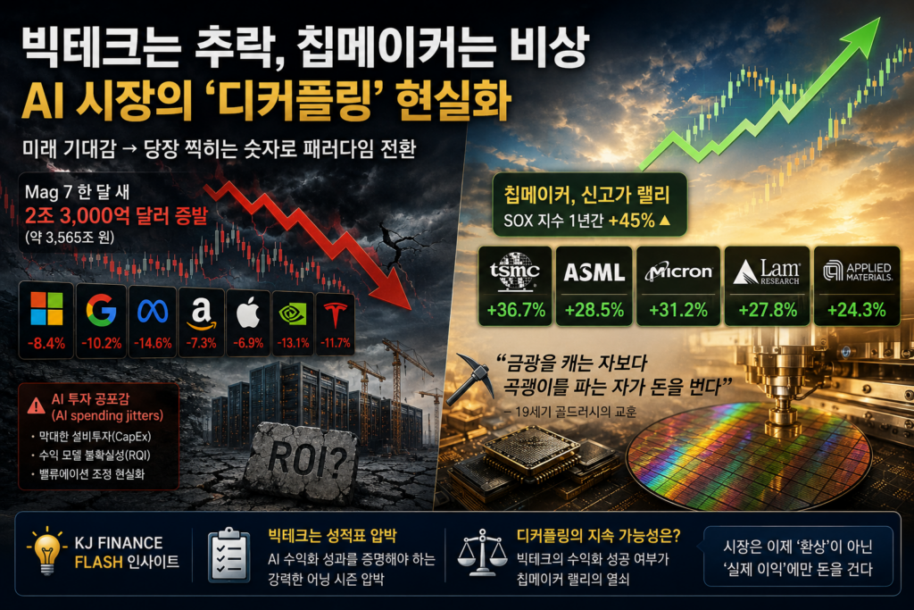 AI 머니게임의 역설: 빅테크(Big Tech)의 곡소리, 칩메이커의 함박웃음을 보여주는 인포그래픽