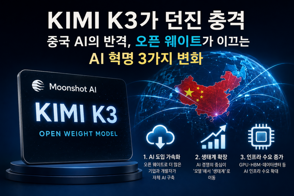 KIMI K3가 던진 충격, 중국 AI의 반격, Open-Weight가 이끄는 AI 혁명 3가지 변화를 보여주는 인포그래픽