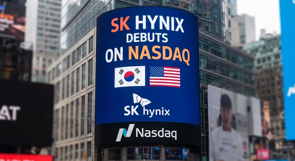 SK Hynix가 뉴욕증시에 상장되는 광경을 보여주는 인포그래픽