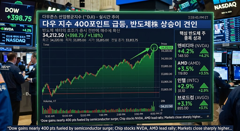 Dow 지수가 400 포인트 급등한 것을 보여주는 인포그래픽
