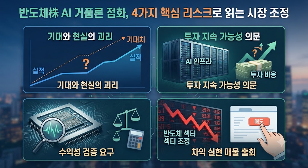 반도체주의 AI 거품론 점화를 뒷받침하는 4가지 핵심 리스크를 보여주는 인포그래픽