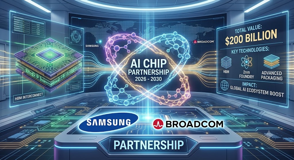 Samsung Electronics와 브로드컴이 2,000천억 달러 대형 파트너십 체결을 보여주는 인포그래픽