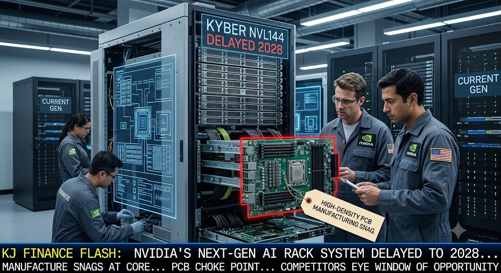 엔비디아(Nvidia) 차세대 AI 시스템 키버의 연기 상황과 공급망 병목 데이터를 보여주는 인포그래픽 차트