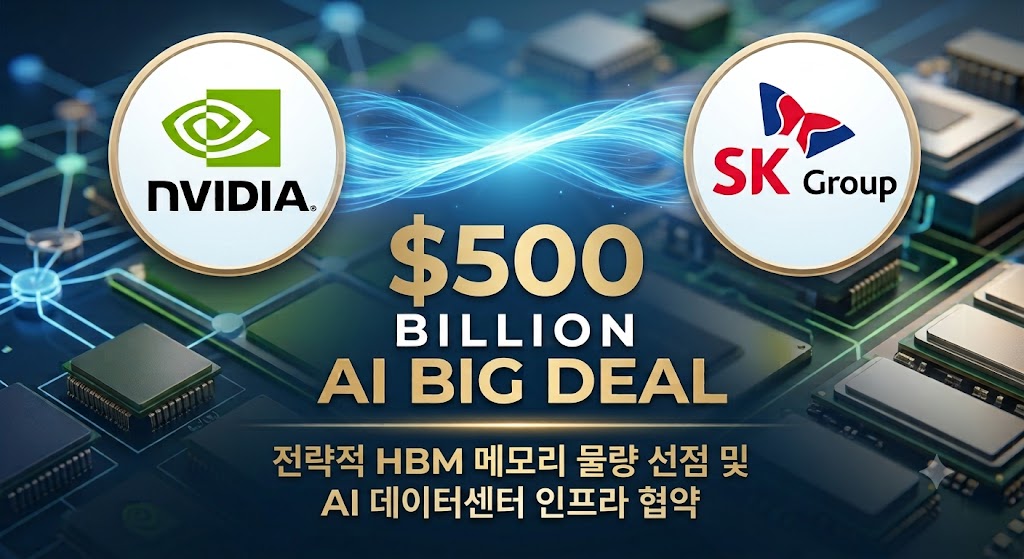 Nvidia와 SK 그룹이 5천억 달러 AI 빅딜을 성사 시켰음을 보여주는 인포그래픽