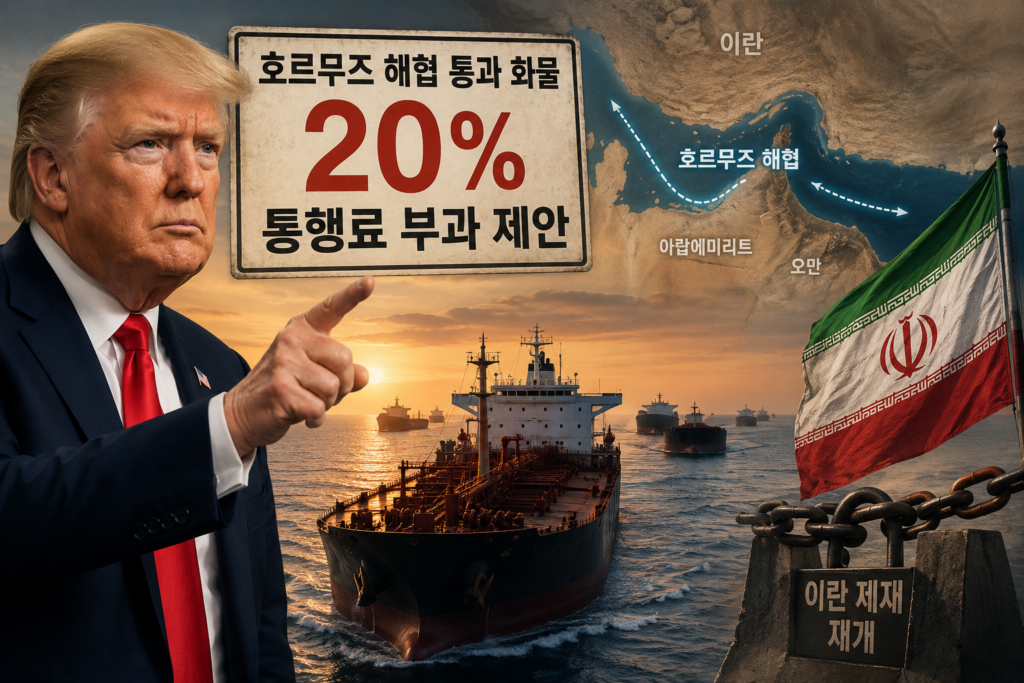 트럼프 대통령이 호르무즈 해협 통과 화물에 통행료(Toll) 20% 부과를 제안하는 것을 보여주는 인포그래픽
