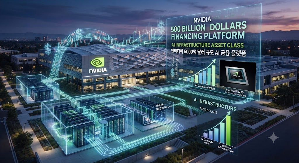 Nvidia의 5천억 달러 규모 AI 금융 플랫폼 구축을 보여주는 인포그래픽
