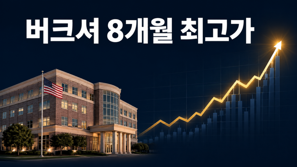 Berkshire Hathaway가 8개월 만에 최고가 경신한 것을 보여주는 인포그래픽
