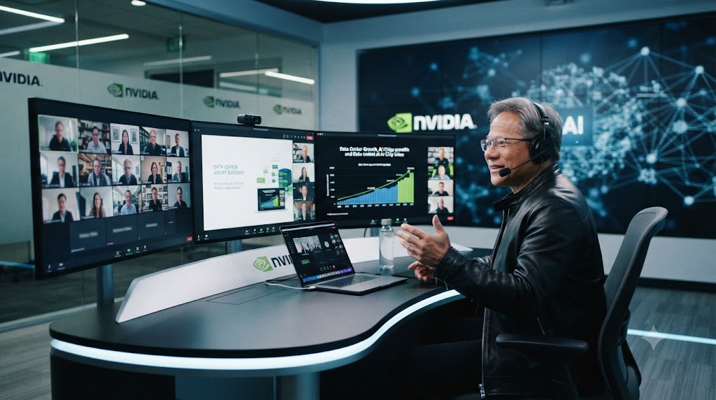 Conference call을 하는 Nvidia의 젠슨 황 모습을 보여주는 인포그래픽